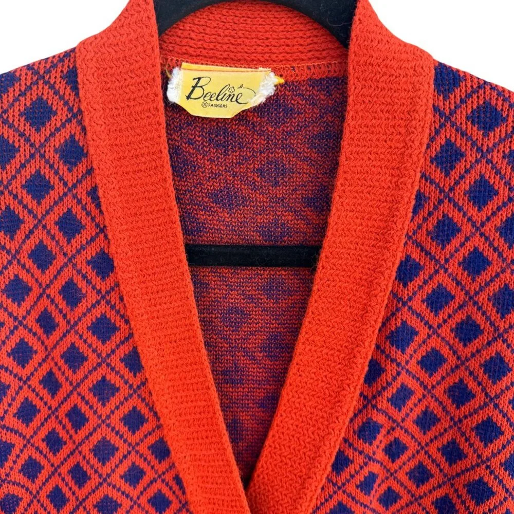 Beeline Vintage 60s 70s Mod Geometric Diamond Knit Cardigan Sweater M Rockabilly